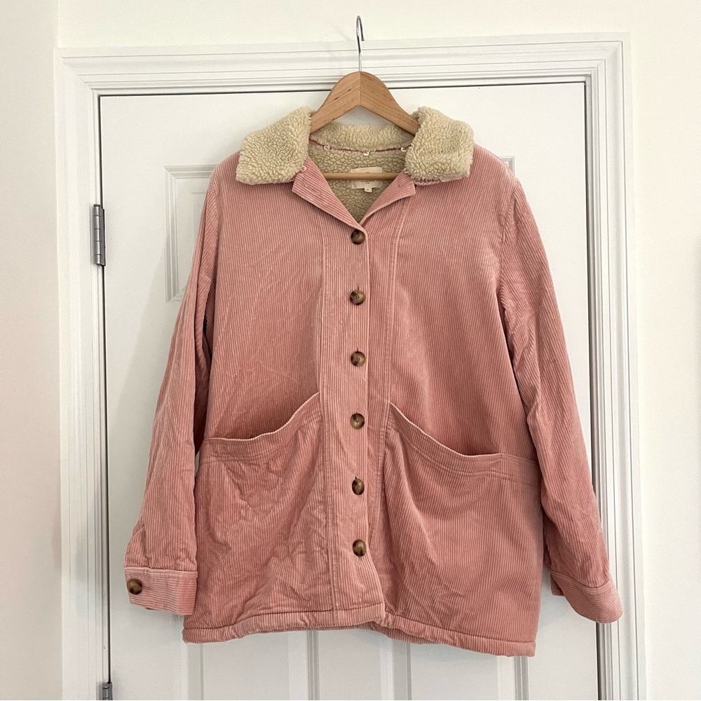 Sezane Will Jacket Size Large Pink Corduroy with Faux Sheepskin Collar